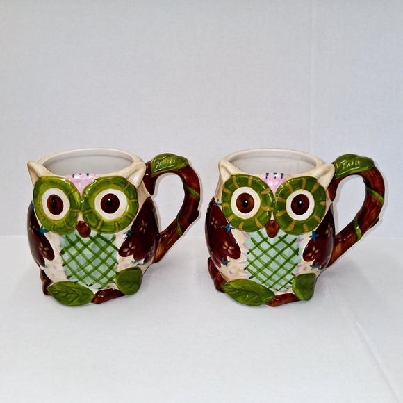 Other - Pier 1 Imports Olli the Owl Large  Coffee Mug Tea Hand Painted Dolomite Set Of 2
